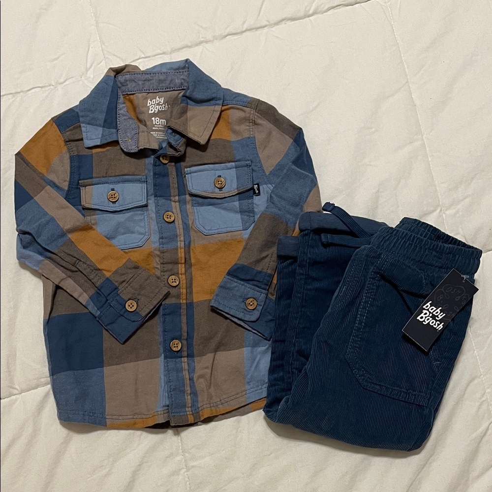 Baby B'gosh Blue and Brown Plaid Button-Up Top and Blue Corduroy Pants